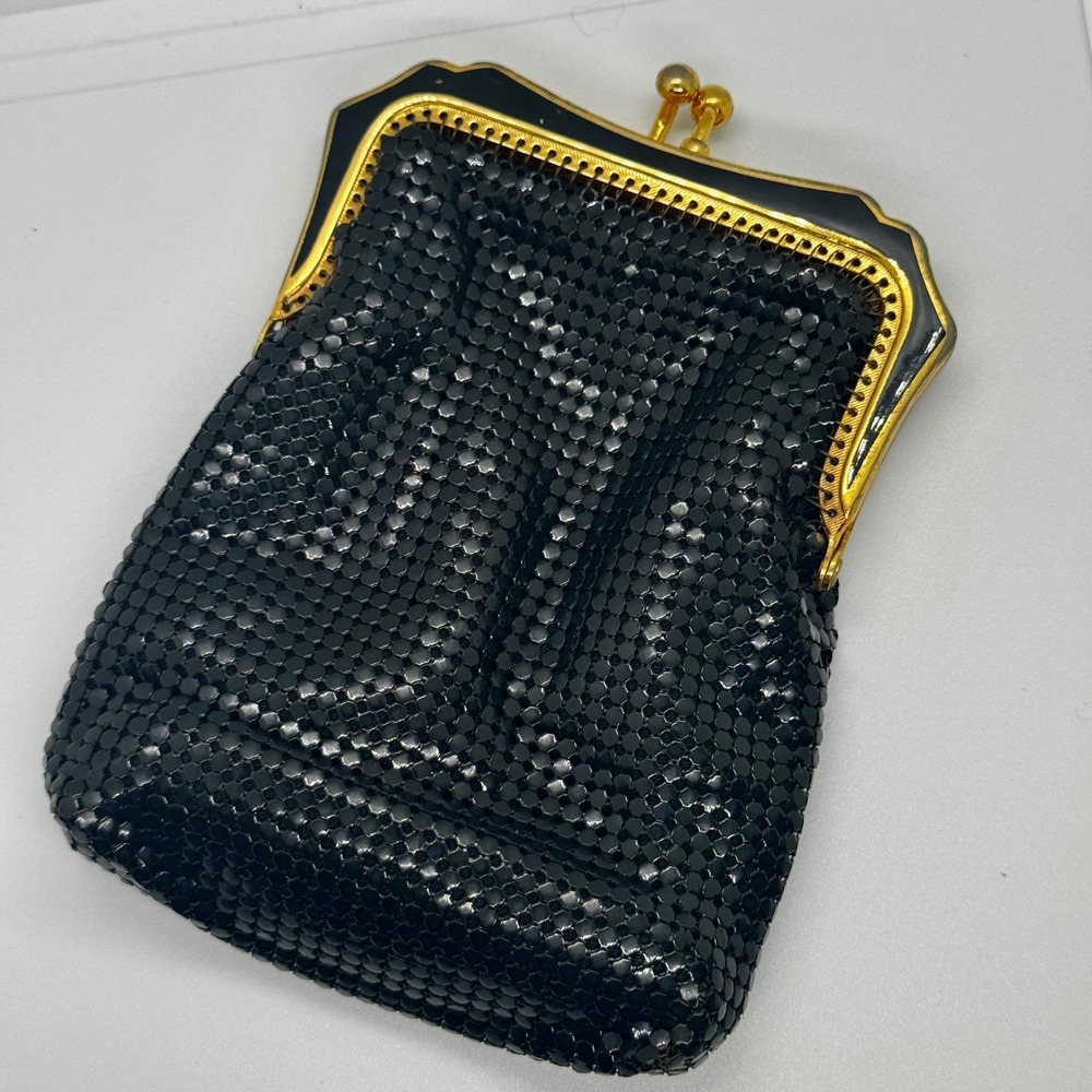 Vintage Glomesh Black Mesh Coin‎ Purse Enamel Gold Frame Australia Retro Clutch